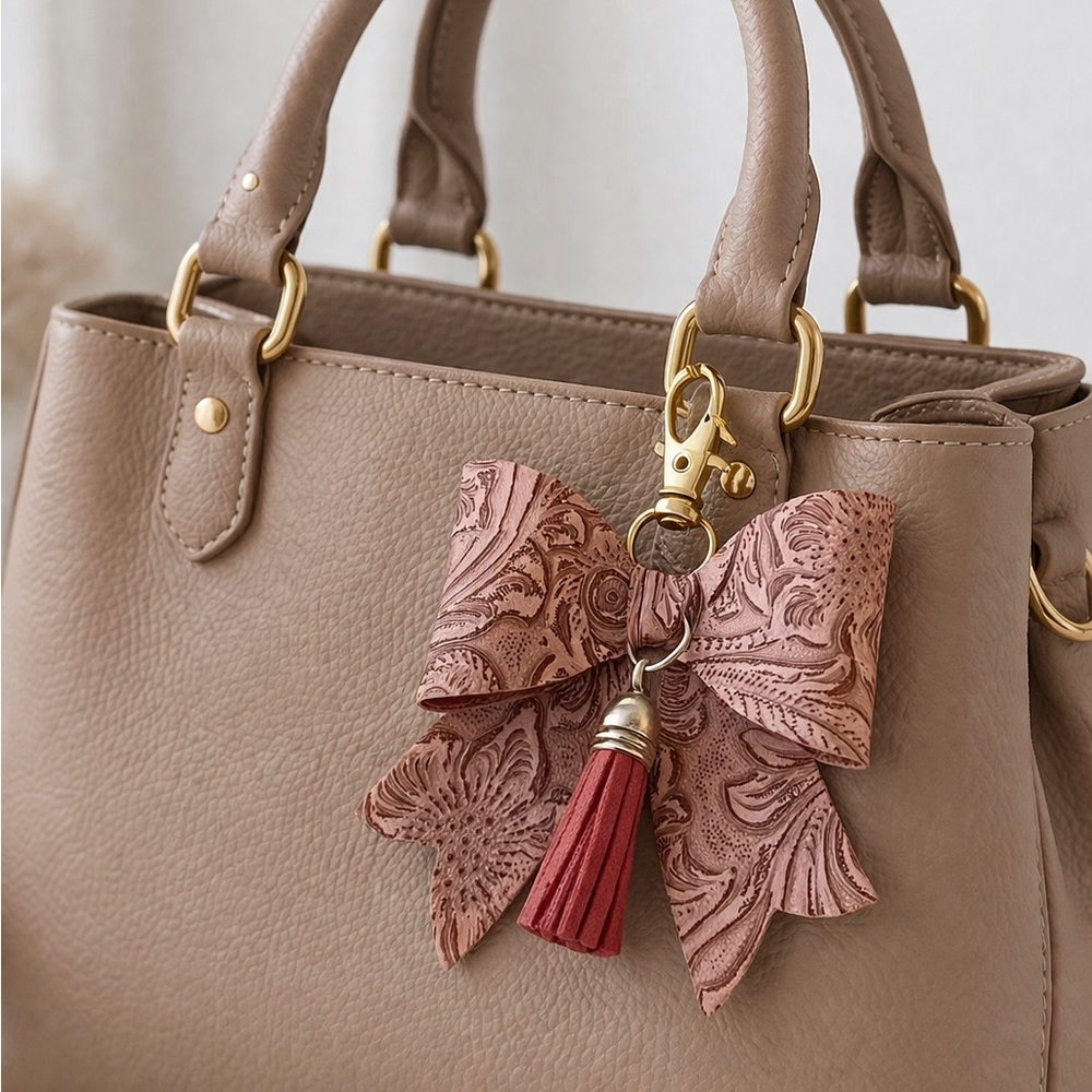 Pink Embossed Faux Leather and Tassel Bag Charm Key Chain